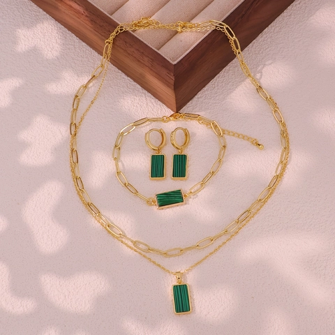 Vintage Gold Tone Copper Malachite Pattern Rectangular Pendant Necklace Bracelet Earrings Paperclip Chain Jewelry For Women