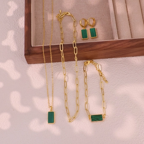 Vintage Gold Tone Copper Malachite Pattern Rectangular Pendant Necklace Bracelet Earrings Paperclip Chain Jewelry For Women