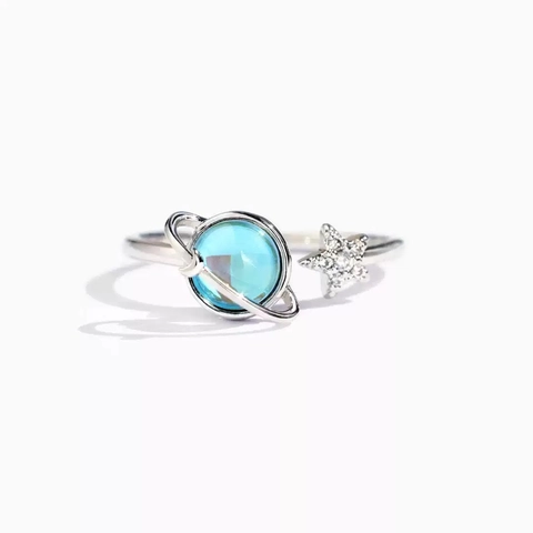 S925 Sterlingsilber Planet Stern Offener Ring Für Damen Verstellbarer Blauer Planetenring Chic Universum Fingerschmuck Romantisches Geschenk