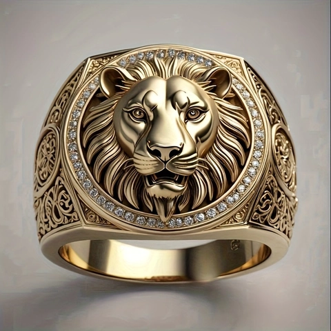 Lion Head Ring Stainless Steel 18K Gold Plated Rhinestone Inlaid Punk Vintage Hip Hop Jewelry For Men