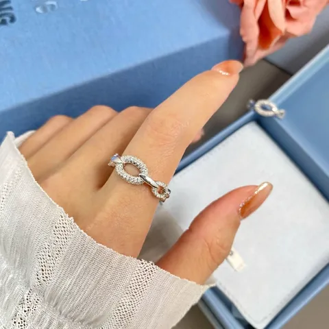 Anello in Argento Sterling 925 a Maglia di Catena per Donna Lusso Leggero Zirconia Incastonata Anello a Fascia Ovale Intrecciato Regalo