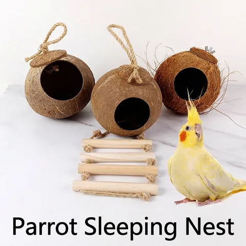 Nido per Uccelli in Guscio di Cocco Naturale Con Scala in Legno per Pappagalli Parrocchetti Inseparabili Casetta Sospesa Rifugio per Animali