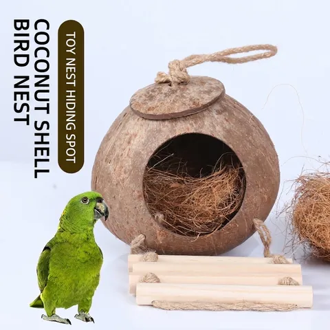 Nido per Uccelli in Guscio di Cocco Naturale Con Scala in Legno per Pappagalli Parrocchetti Inseparabili Casetta Sospesa Rifugio per Animali