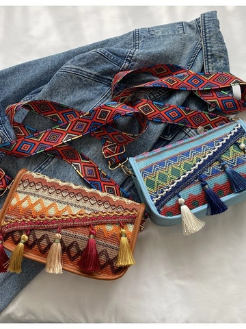 Damen Ethno Böhmisch Gewebte Umhängetasche Nylon Stoff Mit Quasten Breiter Jacquard Verstellbarer Gurt Freizeit Reisen Schultertasche