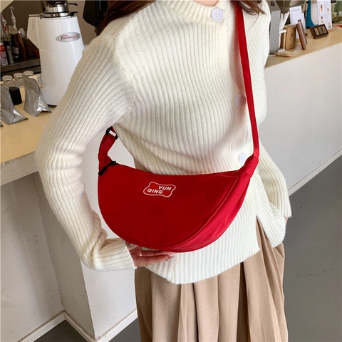 Minimalist Women Oxford Cloth Half Moon Crossbody Bag Casual Street Style Letter Patch Shoulder Fashion Dumpling Bag
