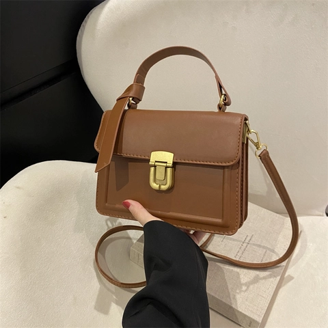 Women's Vintage PU Leather Square Shoulder Bag Fashion Simple Solid Color Commuter Crossbody Handbag With Gold Metal Lock