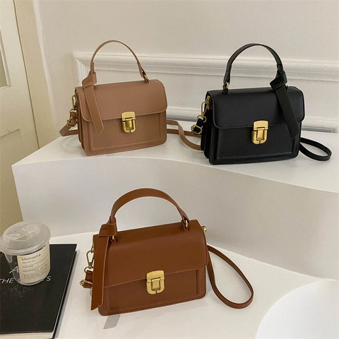 Women's Vintage PU Leather Square Shoulder Bag Fashion Simple Solid Color Commuter Crossbody Handbag With Gold Metal Lock