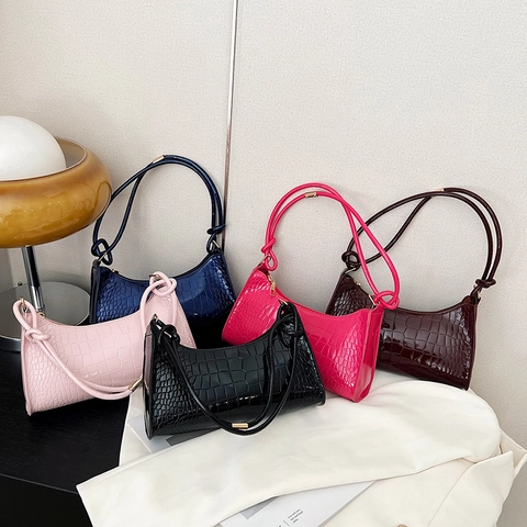 Women Fashion Crocodile Pattern PU Leather Underarm Bag Minimalist Small Shoulder Handbag Korean Style Baguette Commute Purse