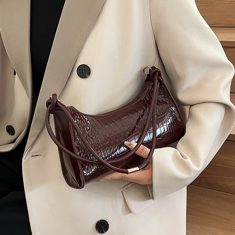 Women Fashion Crocodile Pattern PU Leather Underarm Bag Minimalist Small Shoulder Handbag Korean Style Baguette Commute Purse