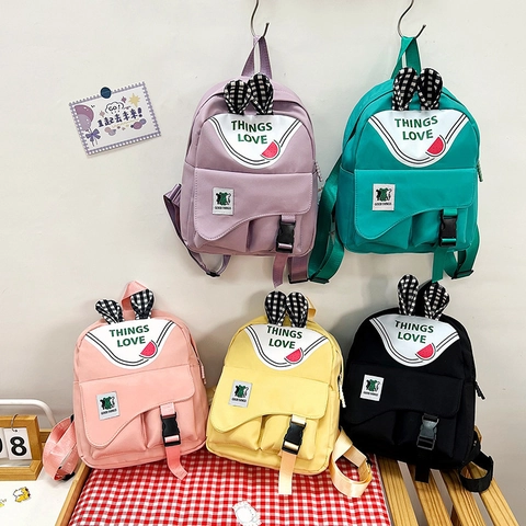 Mochila Linda para Niños Estilo Japonés Bolsa de Escuela de Nylon Orejas de Conejo de Cuadros Patrón de Sandía Color Macaron Bolsa de Doble Hombro para Niños Regalo