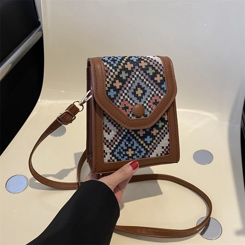 Vintage Ethno Damen Handy Umhängetasche Geometrische Jacquard Weberei PU Leder Kleine Quadratische Schultertasche Verstellbarer Gurt