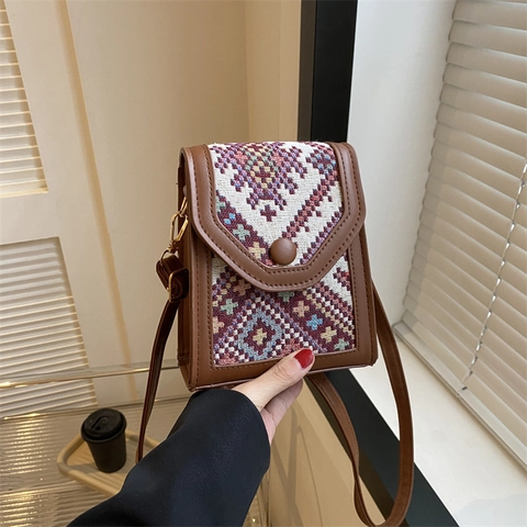 Vintage Ethno Damen Handy Umhängetasche Geometrische Jacquard Weberei PU Leder Kleine Quadratische Schultertasche Verstellbarer Gurt
