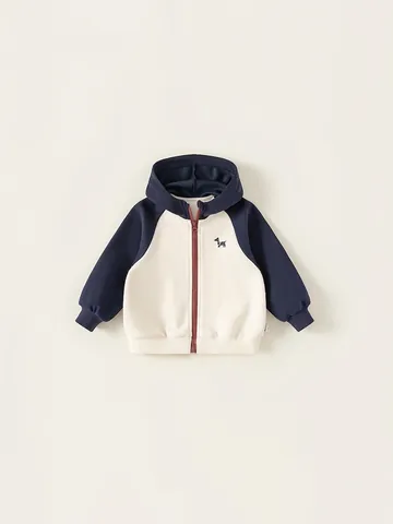 Kinderen Capuchon Sweatshirt Met Rits Katoenmix Contrastkleur Raglanmouwen Cartoon Hond Geborduurd Jas