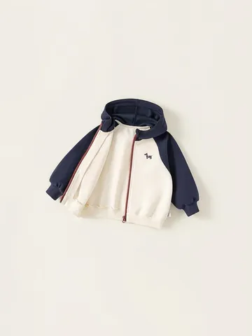 Kinderen Capuchon Sweatshirt Met Rits Katoenmix Contrastkleur Raglanmouwen Cartoon Hond Geborduurd Jas