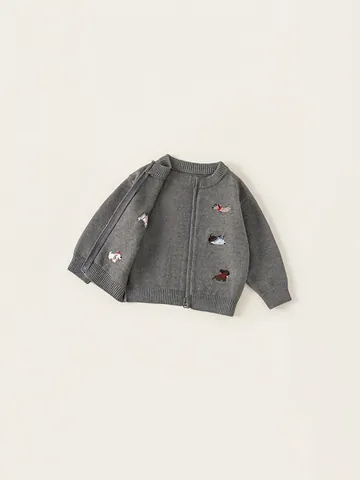 Meisjes Cartoon Hond Geborduurd Gebreid Vest Herfst Zacht Acryl Ronde Hals Rits Trui Voor Peuters Kinderen Bovenkleding