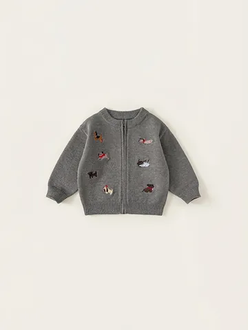 Meisjes Cartoon Hond Geborduurd Gebreid Vest Herfst Zacht Acryl Ronde Hals Rits Trui Voor Peuters Kinderen Bovenkleding