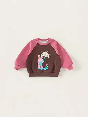 Sweat-shirt pour Bébé Fille Imprimé Lapin de Dessin Animé Manches Raglan Bloc de Couleur Haut en Mélange de Coton Automne