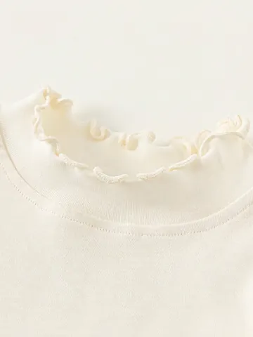 T-Shirt Fille en Coton avec Bord à Volants Manches Longues Couche de Base Tricot Côtelé Couleur Unie Col Montant Enfants