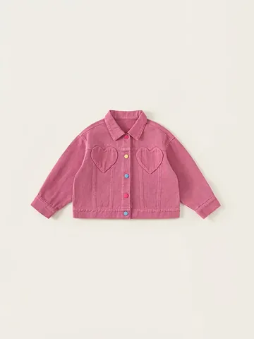Kinder Meisjes Zoete Hart Zak Jas Kleurrijke Knoppen Lange Mouw Katoen Denim Bovenkleding Mode Casual Jas Roze
