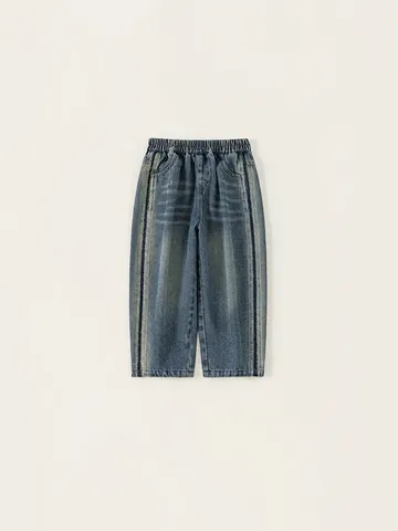 Jungen Casual Denim Jeans Kontrast Seitenstreifen Elastischer Bund Buchstaben Drucken Gewaschene Gerade Lange Hose Für Kinder