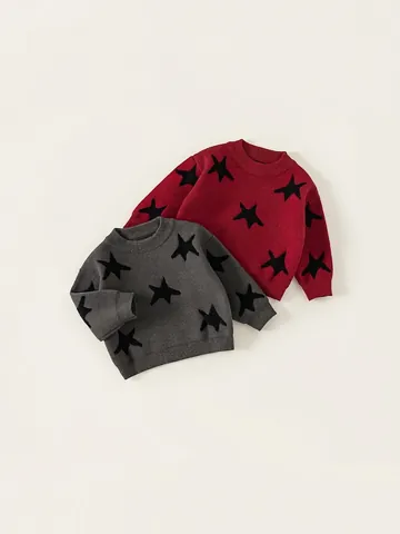Pull en Maille Acrylique Décontracté pour Garçons Jacquard Étoile Col Rond Manches Longues Pullover Automne Printemps Haut pour Enfants