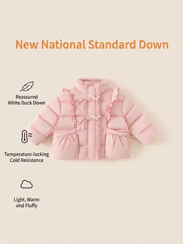 Zoet Baby Meisjes Roze Donsjack Verdikte Winterjas Met Imitatiebont Kraag Strik En Roesjes Warme Witte Eendendons Bovenkleding