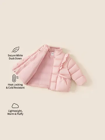 Zoet Baby Meisjes Roze Donsjack Verdikte Winterjas Met Imitatiebont Kraag Strik En Roesjes Warme Witte Eendendons Bovenkleding