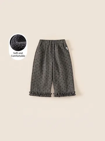 Pantalon d'Hiver pour Filles Doublé Polaire Motif Pois de Cœur Ourlet à Volants Taille Élastique Pantalon Droit Chaud