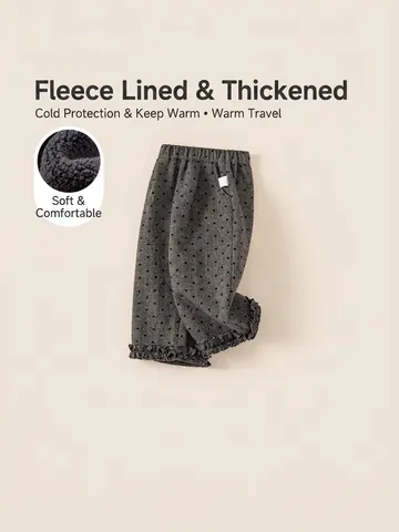Pantalon d'Hiver pour Filles Doublé Polaire Motif Pois de Cœur Ourlet à Volants Taille Élastique Pantalon Droit Chaud