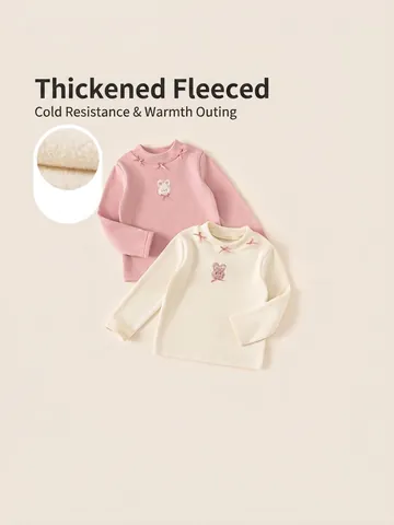 Meisjes Zoet Met Fleece Gevoerd T-Shirt Lange Mouwen Winter Warm Konijn Borduurwerk Strik Decor Mock Neck Onderlaag Top Kinderkleding