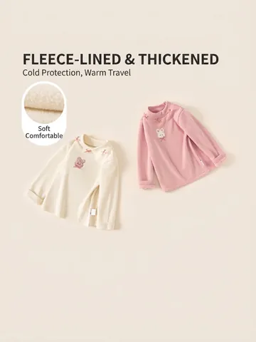 Meisjes Zoet Met Fleece Gevoerd T-Shirt Lange Mouwen Winter Warm Konijn Borduurwerk Strik Decor Mock Neck Onderlaag Top Kinderkleding