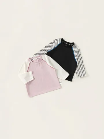 T-Shirt à Manches Raglan Longues pour Enfants Bloc de Couleur Rayé Mélange de Coton Col Rond Haut pour Garçons Filles Enfants