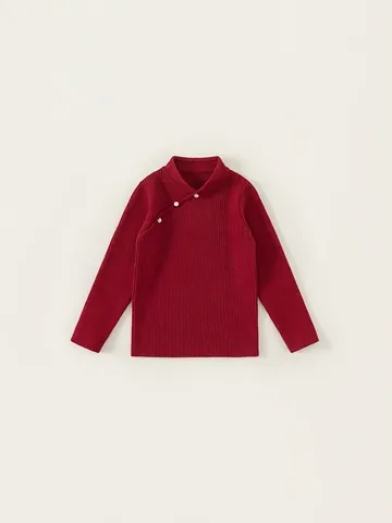 Maglione da Bambina in Stile Cinese Vintage Lavorato a Costine Collo Rialzato con Bottoni di Perle Pullover a Maniche Lunghe
