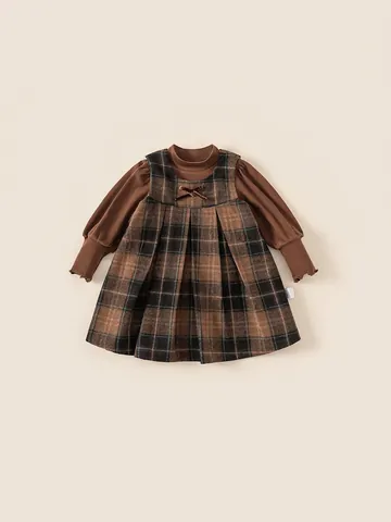 Completo Gonna scamiciata a Quadri Vintage da Ragazza Marrone Invernale Spessa Maglia a Collo Alto a Quadri Due Parti