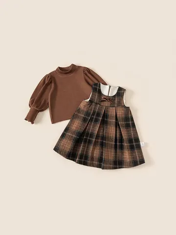 Completo Gonna scamiciata a Quadri Vintage da Ragazza Marrone Invernale Spessa Maglia a Collo Alto a Quadri Due Parti