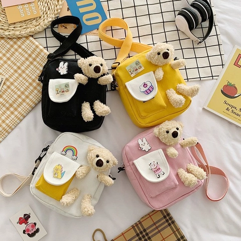 Cute Bear Plush Decor Nylon Crossbody Bag For Women Girls Japanese Style Contrast Color Shoulder Bag Daily Messenger Bag