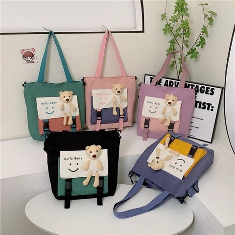 Bolso Tote de Nailon de Bloques de Color para Mujer Con Oso de Peluche Hello Baby Bolso de Hombro Estampado para Estudiantes