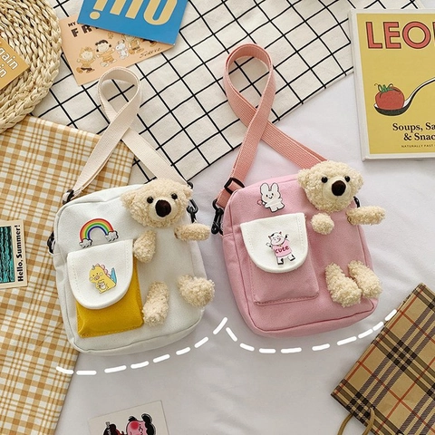Cute Bear Plush Decor Nylon Crossbody Bag For Women Girls Japanese Style Contrast Color Shoulder Bag Daily Messenger Bag