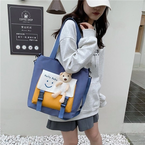 Bolso Tote de Nailon de Bloques de Color para Mujer Con Oso de Peluche Hello Baby Bolso de Hombro Estampado para Estudiantes