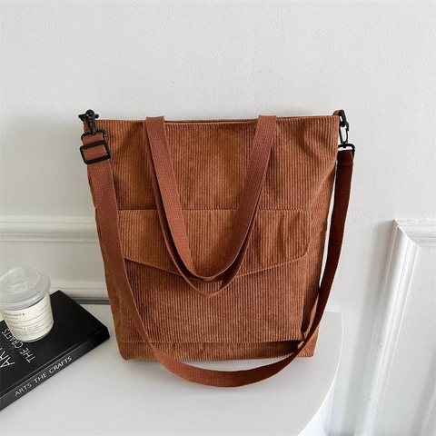Borsa Tote in Velluto a Coste da Donna Grande Capacità Con Tasca Frontale Tracolla Regolabile Borsa a Tracolla Casual Quotidiana