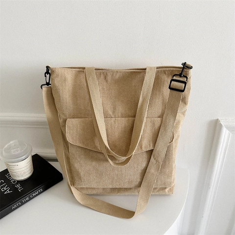Borsa Tote in Velluto a Coste da Donna Grande Capacità Con Tasca Frontale Tracolla Regolabile Borsa a Tracolla Casual Quotidiana