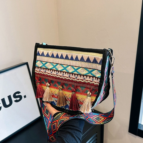 Bolso Bandolera Bordado Étnico Bohemio para Mujer Patrón Geométrico Vintage Bolso de Hombro Tejido Con Borlas y Correa Ancha