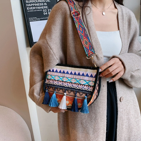 Women's Bohemian Ethnic Embroidered Crossbody Bag Vintage Geometric Pattern Woven Shoulder Bag With Tassels And Wide Strap