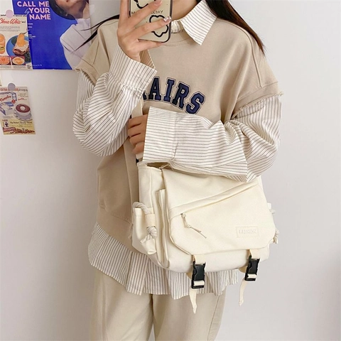 Damen Mode PU Leder Kurier-Tasche Harajuku Stil Große Kapazität Umhängetasche Student Pendeln Schultertasche Mit Schnalle