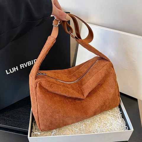 Damen Vintage Cord Leinwand Schultertasche Große Kapazität Einfarbig Umhängetasche Retro Student Casual Tote Bag Mit Reißverschluss