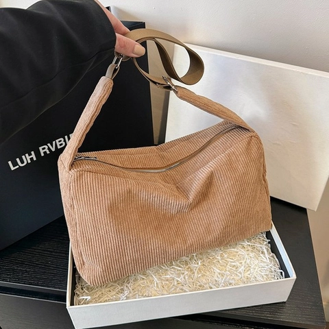 Damen Vintage Cord Leinwand Schultertasche Große Kapazität Einfarbig Umhängetasche Retro Student Casual Tote Bag Mit Reißverschluss
