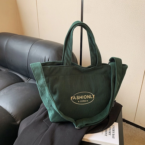 Women Casual Corduroy Tote Bag Large Capacity Embroidered Shoulder Bag Minimalist Handbag With Adjustable Strap Crossbody Bag