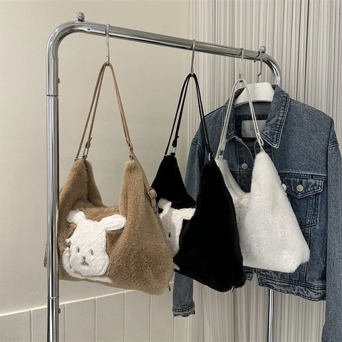 Women Cute Plush Cartoon Rabbit Shoulder Bag Large Capacity Faux Fur Tote Bag Winter Warm Underarm Handbag For Ladies