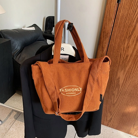 Women Casual Corduroy Tote Bag Large Capacity Embroidered Shoulder Bag Minimalist Handbag With Adjustable Strap Crossbody Bag