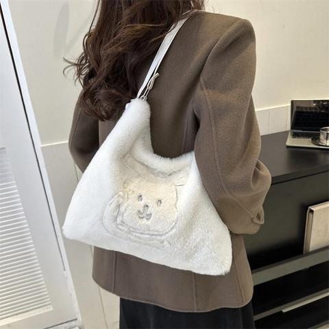 Women Cute Plush Cartoon Rabbit Shoulder Bag Large Capacity Faux Fur Tote Bag Winter Warm Underarm Handbag For Ladies